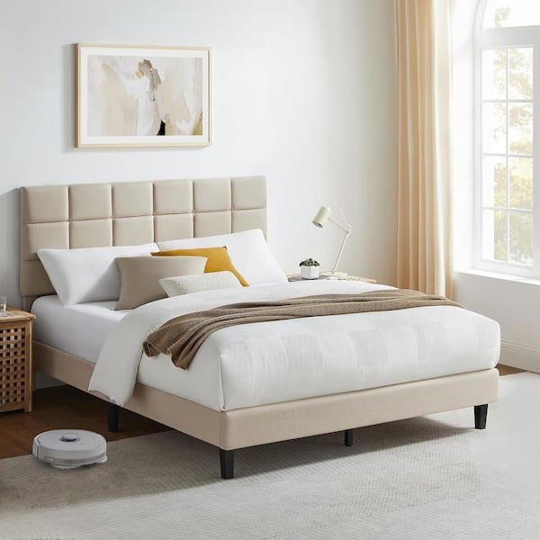 Beige Wood Bed Frame Full Panel Bed with Adjustable Headboard, No Squeaks, Easy to Assemble, No Box Spring Needed