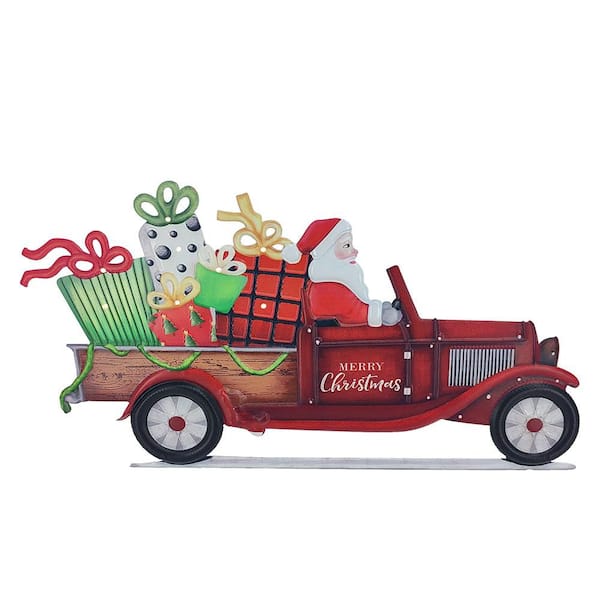 13 in. Red Steel Battery Operated Floor Standing Pre-Lit Christmas Sign with LED Lights