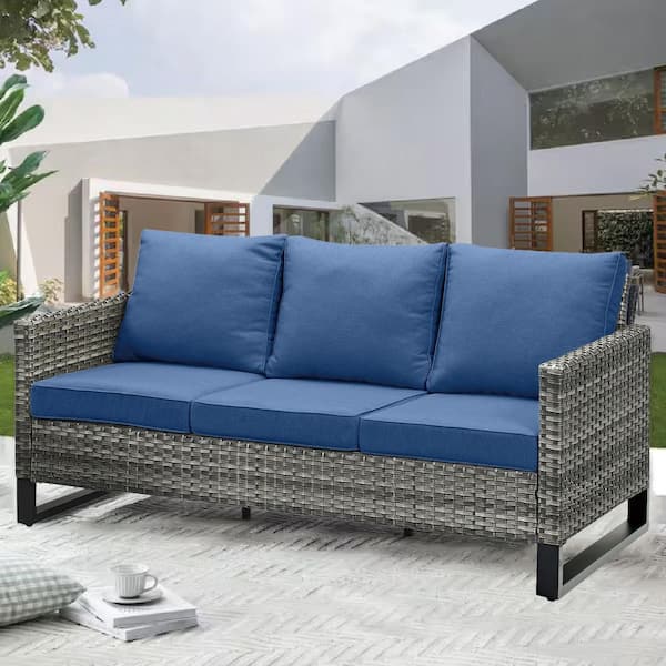 Pocassy U-Shaped Foot Series 3-Seat Wicker Outdoor Patio Sofa Couch with Deep Seating and Cushions (Gray/Blue)