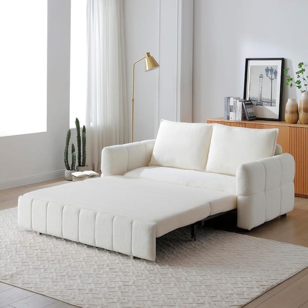 Dulles 3-in-1 Convertible 70 in. Beige Upholstered Teddy Fabric Sleeper Full Size Sofa Bed