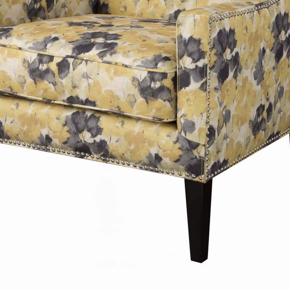 Yellow Floral Wingback Accent Chair with Birch Legs