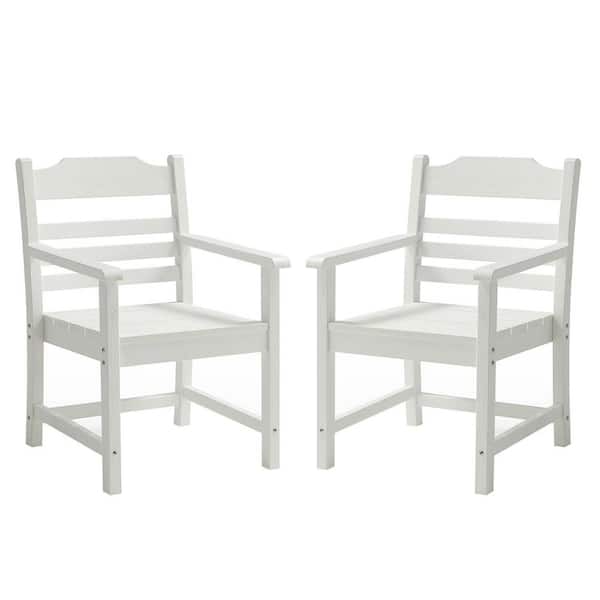 34.45 in. H White Plastic Weather-Resistant Outdoor Dining Chair with Armrest and Imitation Wood Grain Texture Set of 2