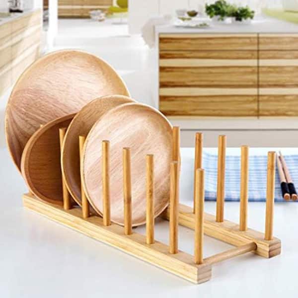 Bamboo Finish Plate Rack Stand Dish Rack Organizer 8-Slot Drying Rack Pot Lid Holder Kitchen Cabinet 4-Pack