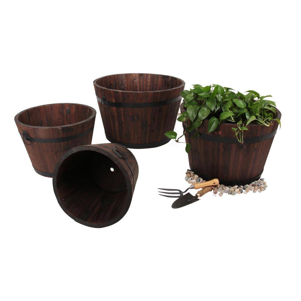 Rustic Brown Cypress Wood Barrel Planter Set of 4