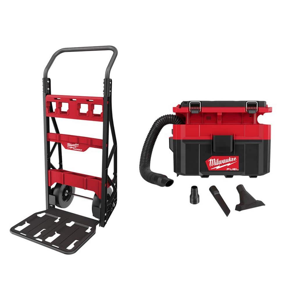 Milwaukee PACKOUT 20 in. 2-Wheel Utility Cart & M18 FUEL PACKOUT 18-Volt Lithium-Ion Cordless 2.5 Gal. Wet/Dry Vacuum (Tool-Only), Red/Black