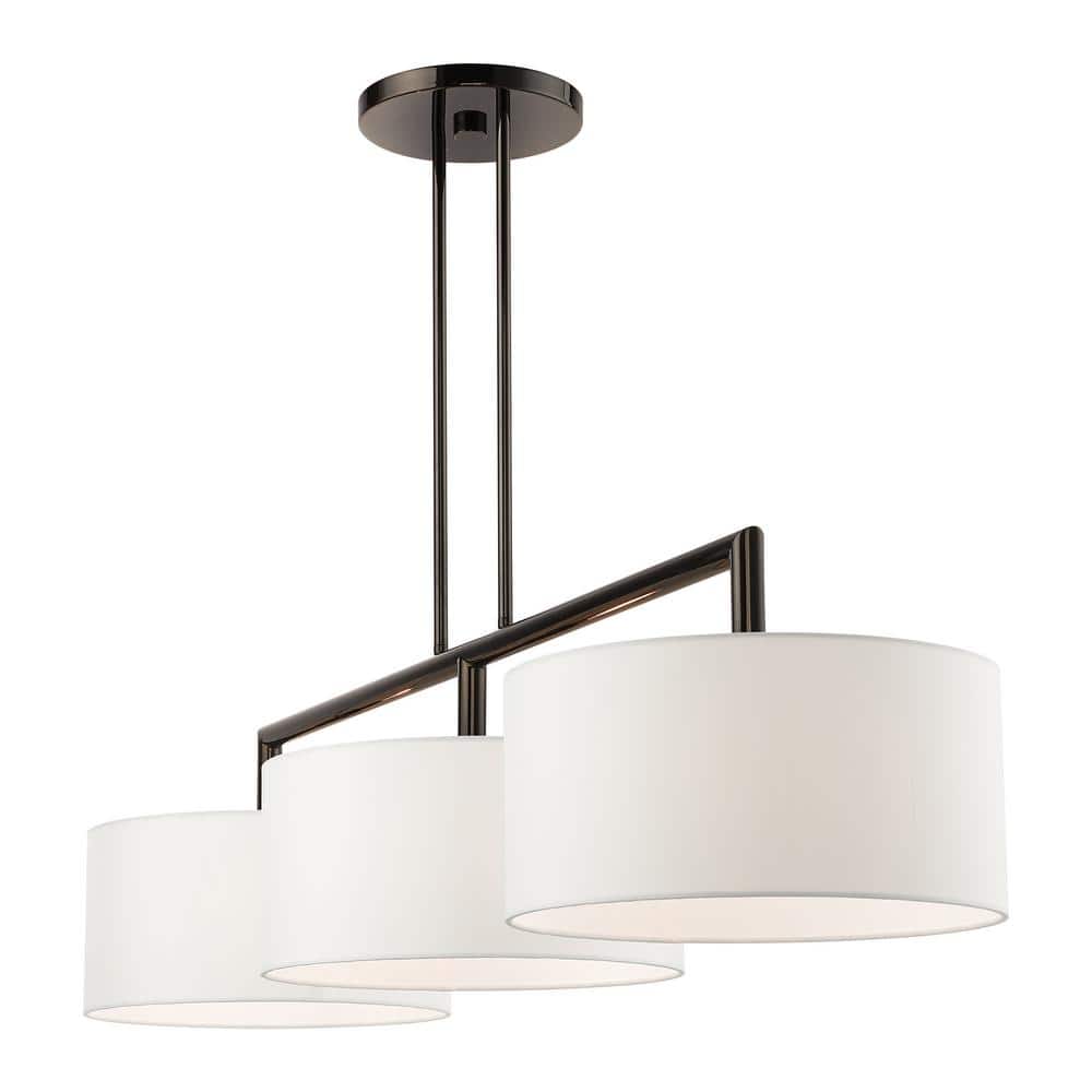 Black Chrome 3-Light Linear Chandelier with Off-White Shades