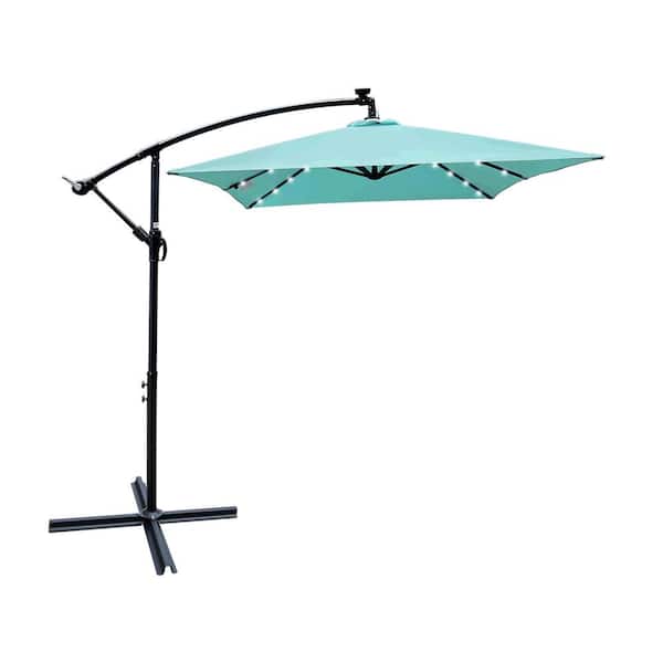 Sudzendf 10 ft. x 6.5 ft. Aluminum Solar Powered LED Market Patio Umbrella in Turquoise with Crank and Cross Base