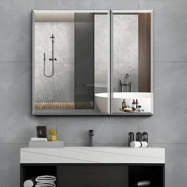 WELLFOR 30-in x 26-in Surface/Recessed Mount Aluminium Mirrored Soft Close Medicine Cabinet