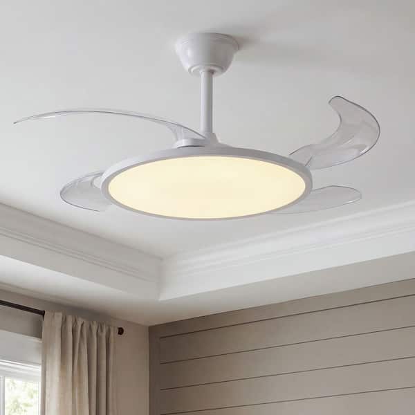 42 in. Smart Indoor White Downrod Mount Standard Ceiling Fan with Retractable Blades, Dimmable, APP and Remote Control