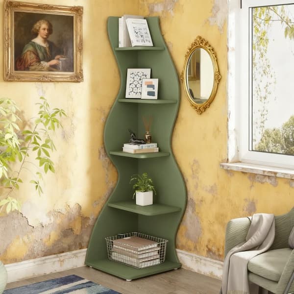 Seafuloy 70 in. Tall Green Engineered Wood Accent Bookcase, Corner