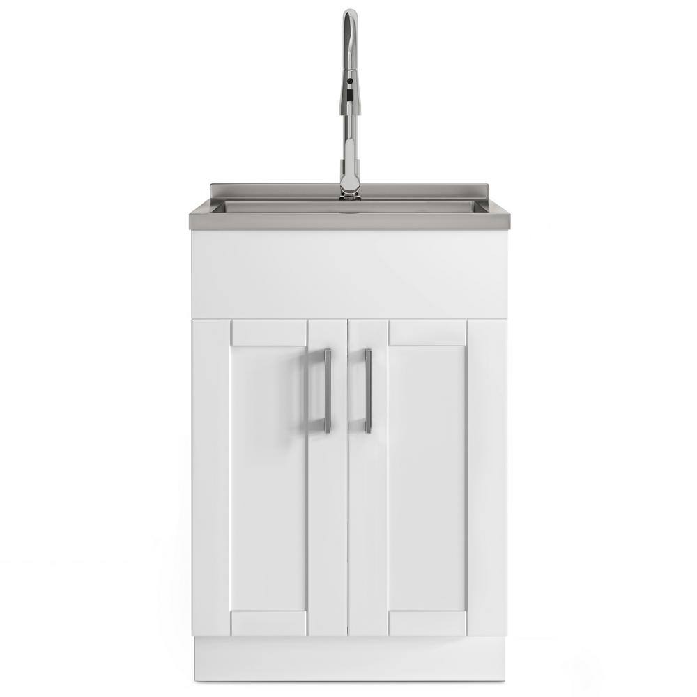 24-Inch White Shaker Utility Sink Cabinet with Stainless Steel Faucet
