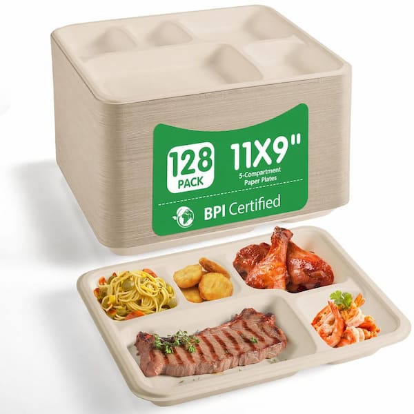 11 in. Natural Beige Disposable Compostable 5-Compartment Meal Tray Heavy Duty Tableware 128 Pack Per Case