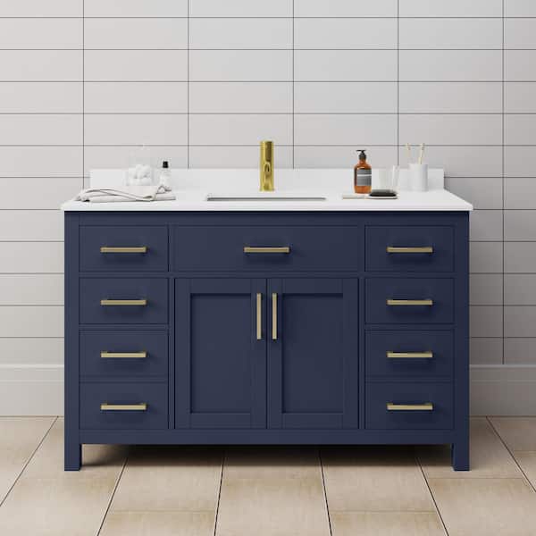 Wyndham Collection Beckett 54 in. W x 22 in. D Single Vanity in Dark Blue with Cultured Marble Vanity Top in White with White Basin