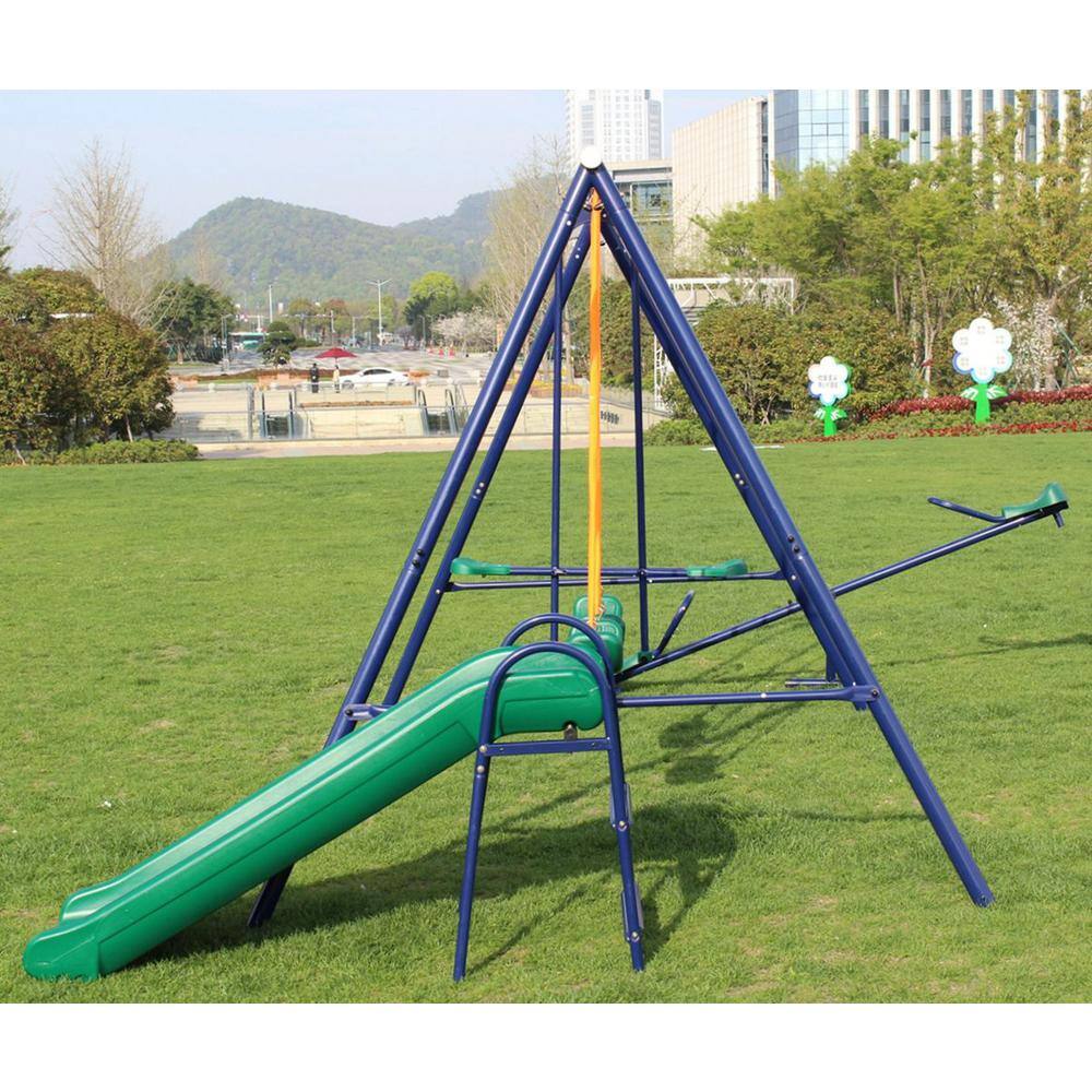 Multi-Colored Metal Outdoor Swing Set with Slide and Glider