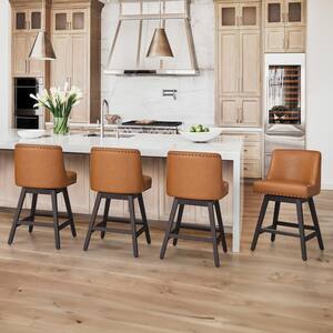 Hampton 26 in. Solid Wood Brown Swivel Bar Stools with Back Faux Leather Upholstered Counter Bar stool Set of 4