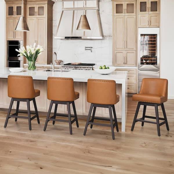 OrangeOne Hampton 26 in. Solid Wood Brown Swivel Bar Stools with Back Faux Leather Upholstered Counter Bar stool Set of 4