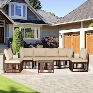 7-Piece Brown Wicker 6-Seat Outdoor Sectional Set with Beige Cushions and Coffee Table