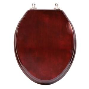 Designer Wood Elongated Closed Front Toilet Seat with Cover and Brushed Nickel Hinge in Piano Mahogany