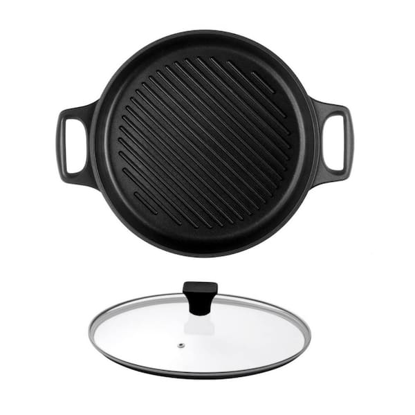 Numhew 12 in. Round Cast Aluminum Griddle Pan, Nonstick Grill Pan in Black with Lid for Stovetop