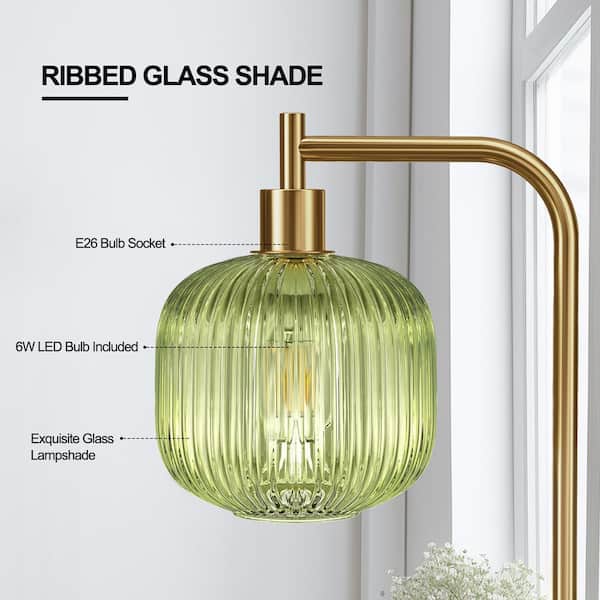 67in Gold Paint Standing Lamp, Arc Floor Lamp for Living Room with Green Ribbed Glass Shade Pedal Switch ST58 Bulb