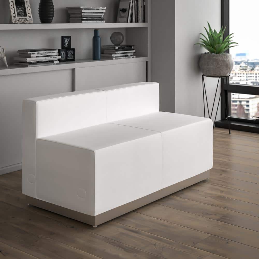 White Faux Leather Armless Loveseat with Metal Base