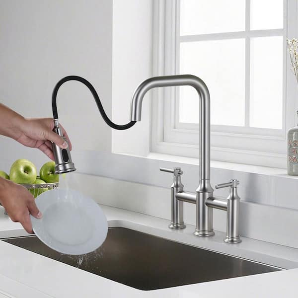 3-Holes Double Handle Brass Bridge Kitchen Faucet with 3-Modes Pull-Down Sprayer and High Arc Spout in Brushed Nickel