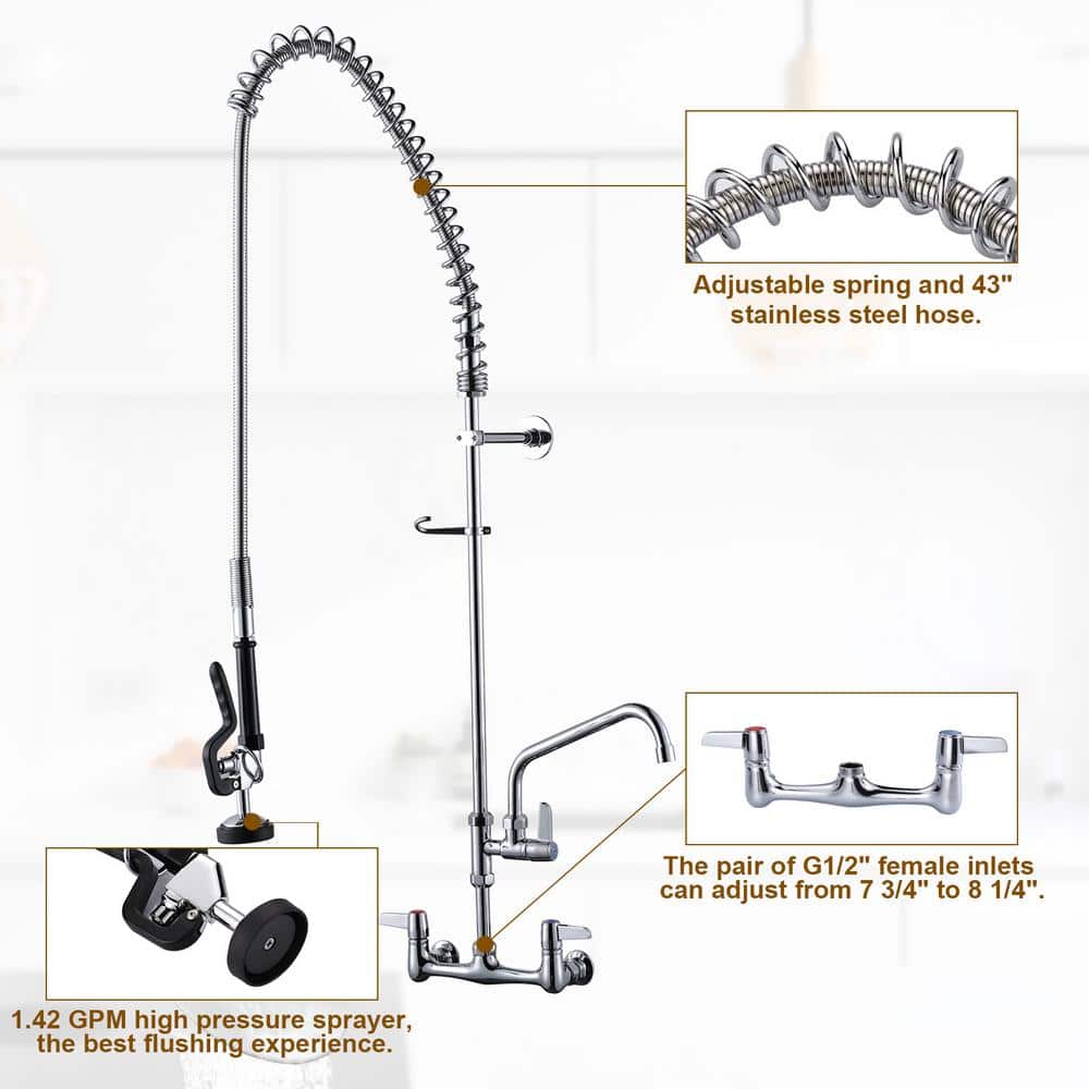 Commercial Chrome Triple Handle Wall Mount Kitchen Faucet with Pull-out Spray