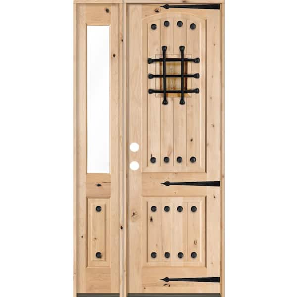 Krosswood Doors 44 in. x 96 in. Mediterranean Unfinished Knotty Alder Arch Right-Hand Left Half Sidelite Clear Glass Prehung Front Door