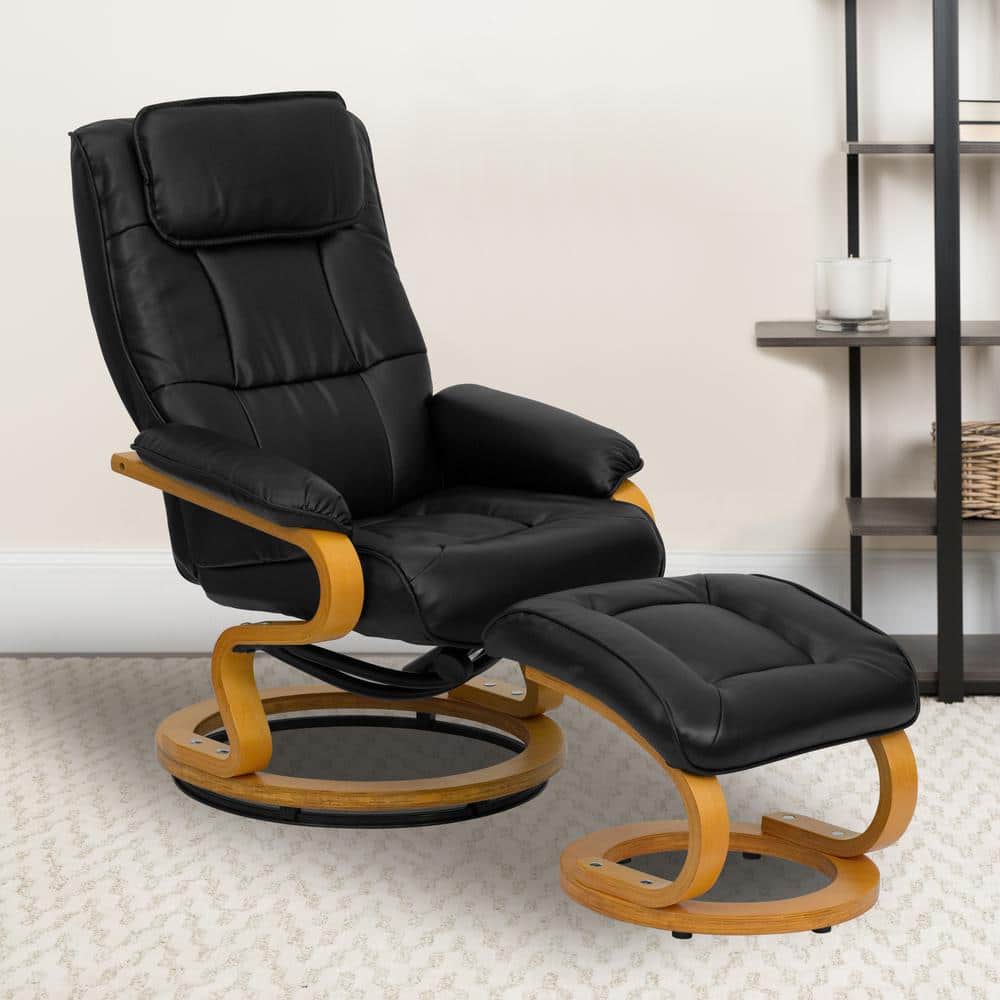 Swivel Black Leather Recliner with Ottoman and Maple Wood Base