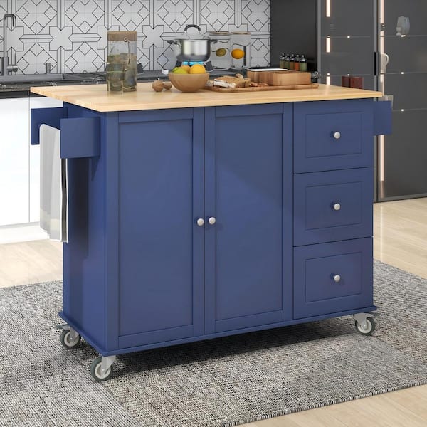 Malwee Dark Blue Solid Wood Top 52.7 in. Kitchen Island with Drop Leaf Breakfast Bar and 3 Drawers