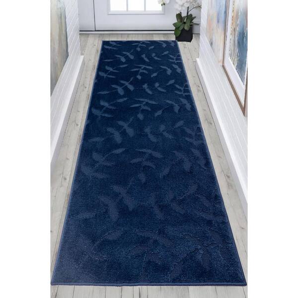 Custom Size Runner Rug Euro Collection Flowers Navy 26 in. W x 180 in. L Stair Runner 32.5 sq. ft.