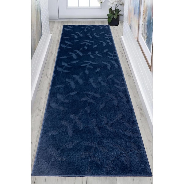 Custom Size Runner Rug Euro Collection Flowers Navy 26 in. W x 420 in. L Stair Runner 75.83 sq. ft.