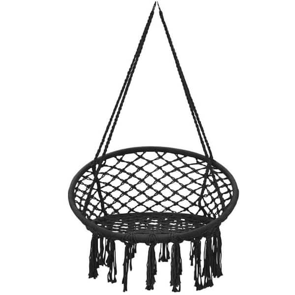 Clihome 44 in. Hanging Macrame Hammock Chair with Handwoven Cotton Backrest Black