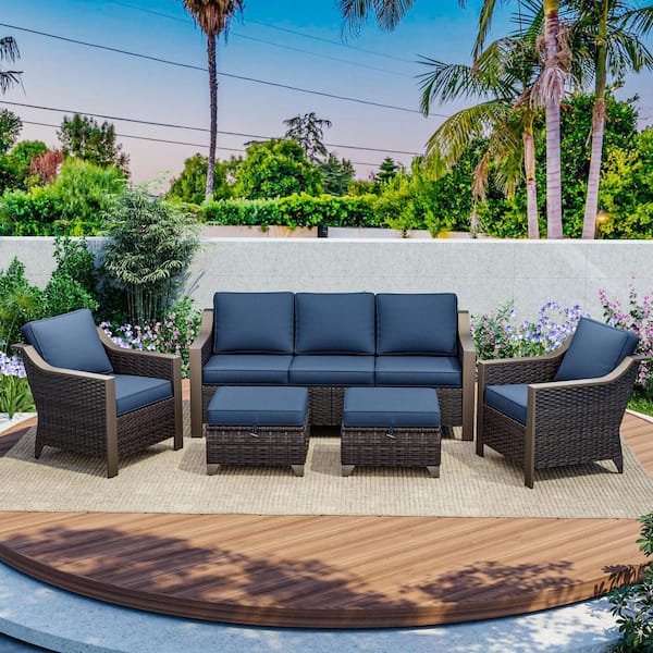 5-Piece Wicker Outdoor Patio Furniture Patio Conversation Set with Blue Cushions