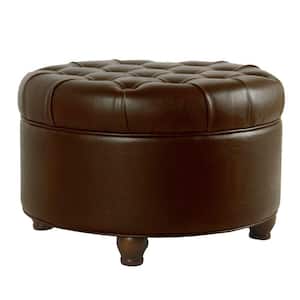 Brown Leatherette Upholstered Wooden Ottoman with Tufted Lift Off Lid Storage