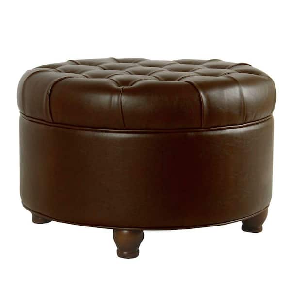 Benjara Brown Leatherette Upholstered Wooden Ottoman with Tufted Lift Off Lid Storage