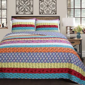 Floral Stripe Rainbow Bohemian Patchwork 3-Piece Red Orange Yellow Green Blue Purple Pink Cotton Queen Quilt Bedding Set