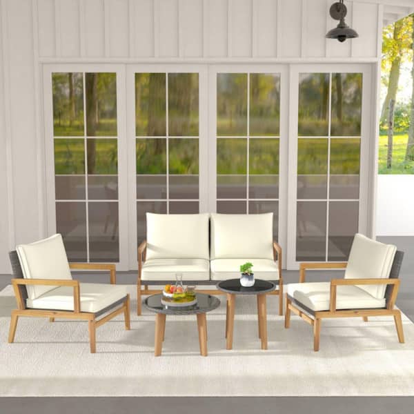 5-Piece Wicker Patio Conversation Set with 2 Tempered Glass Top Coffee Tables