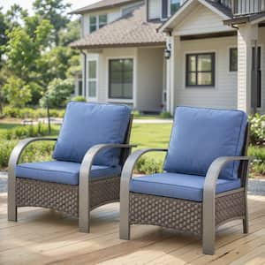 Porch Brown Wicker Outdoor Lounge Chair with Blue Cushions and Curved Metal Armrest (2-Pack)