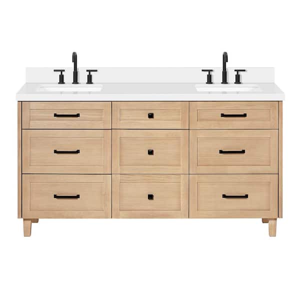Monroe 67 in. W x 22 in. D x 36 in. H Double Bath Vanity in Oak with Pure White Quartz Top