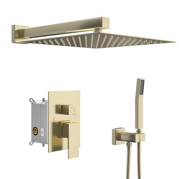2-Spray Dual Wall Mount Square 10 in. Fixed and Handheld Shower Head 1.8 GPM with Rain Shower System in Gold