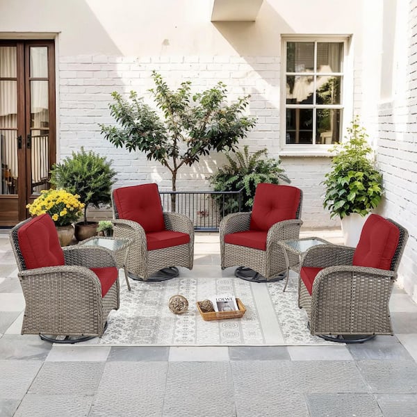 SleekArm 6-Piece Gray Wicker Patio Conversation Set with Olefin Red Cushions Patio Swivel Chairs and Side Table
