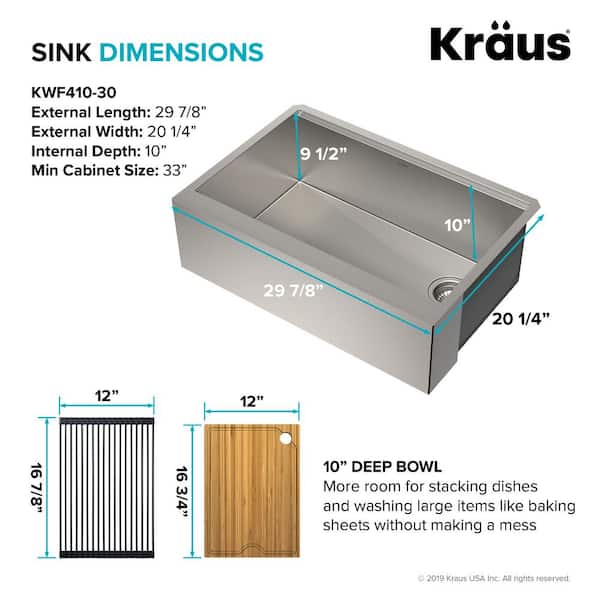 KRAUS Kore Workstation Farmhouse/Apron-Front Stainless Steel 30 in. Single  Bowl Kitchen Sink with Accessories KWF410-30 - The Home Depot