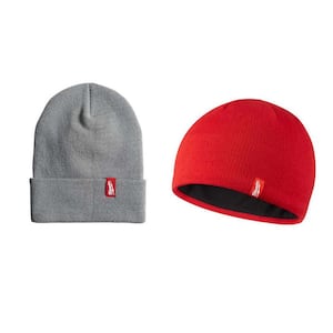 Men's Gray Acrylic Cuffed Beanie Hat and Men's Red Fleece Lined Knit Hat Liner