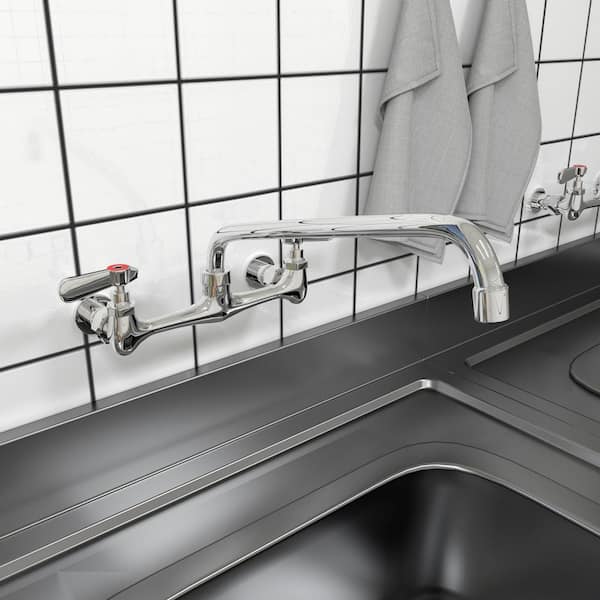 2-Handle Commercial Sink Faucet with 14" Swivel Spout 8" Center Wall Mount Kitchen Faucet in Polished Chrome