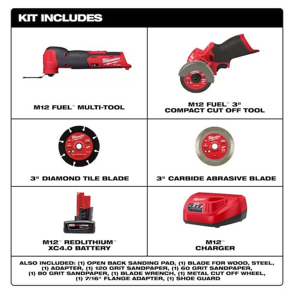 M12 FUEL 12V Lithium-Ion Cordless Oscillating Multi-Tool Kit with Cut Off Saw, Battery, Charger, Accessories & Tool Bag