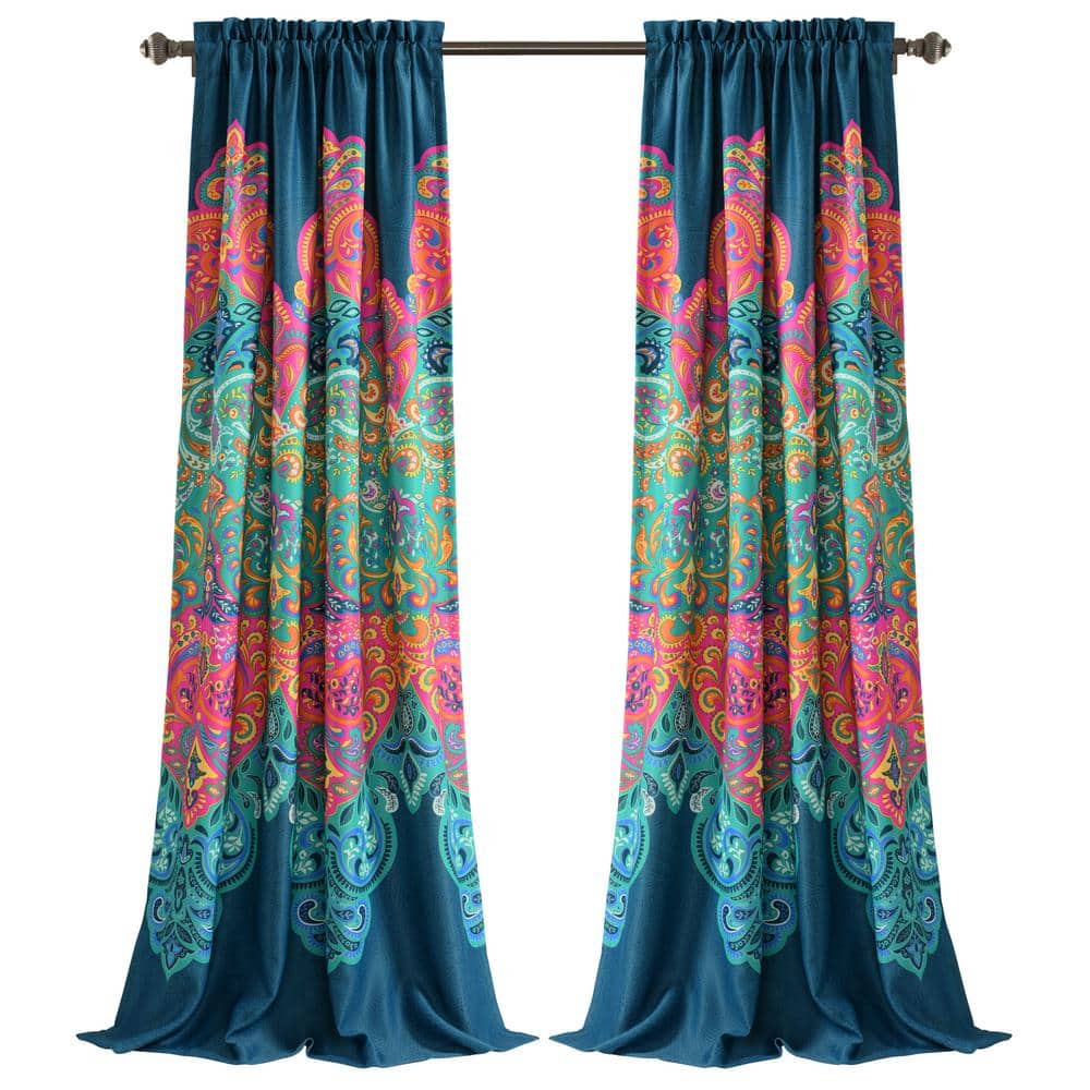Boho Chic Navy Polyester Blackout Window Panels with Rod Pocket
