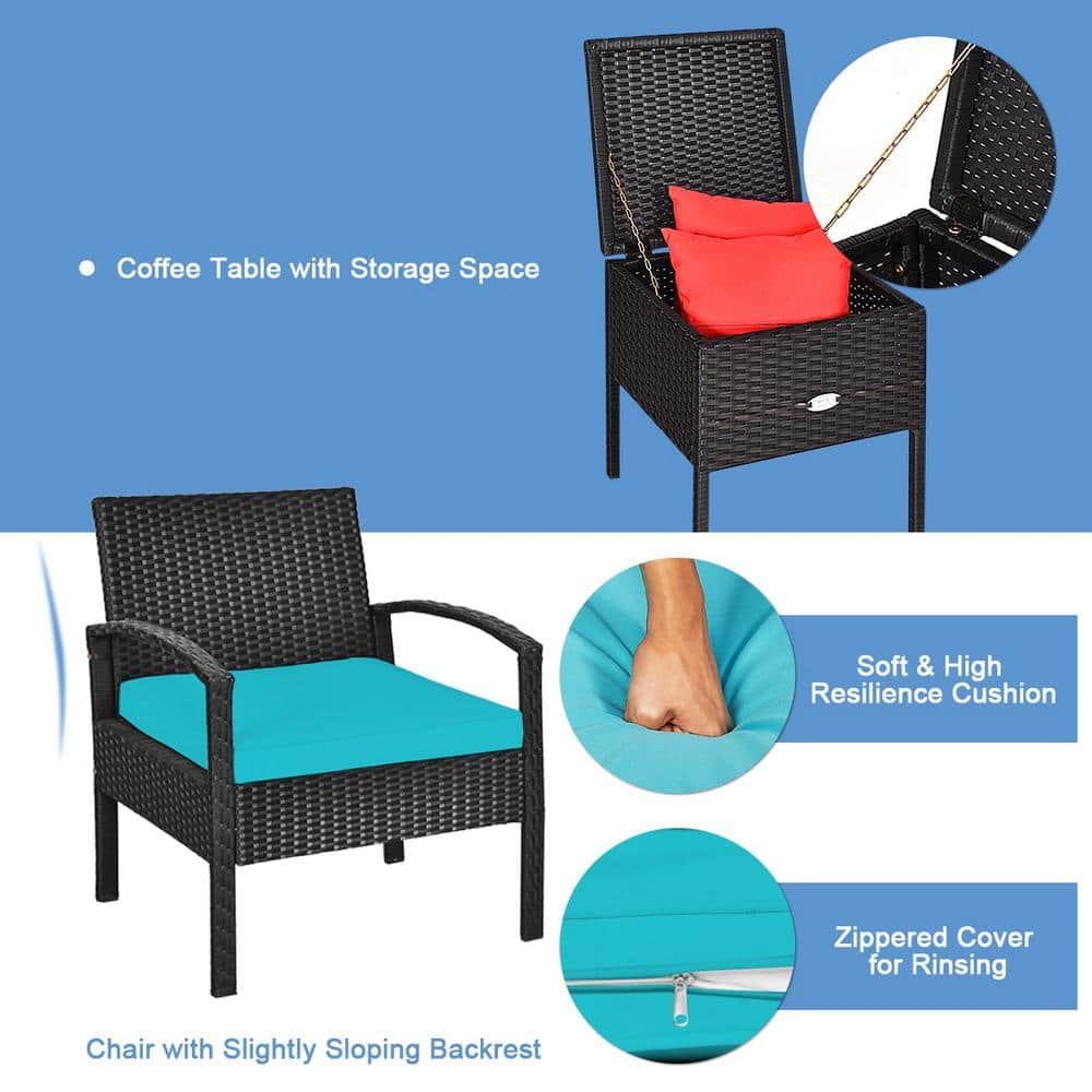 Turquoise 3-Piece Outdoor Wicker Rattan Patio Set