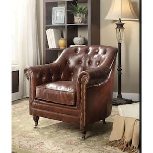 Charlie Brown Leather Arm Chair with Nailhead Trim Tufted Cushions