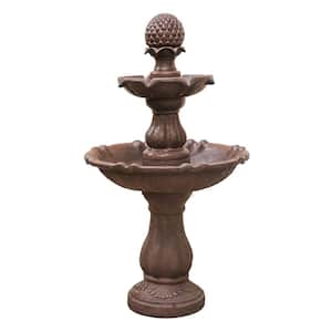 2-Tier Water Fountain with Pump, LED Lights and Pineapple Top, 39 in. Tall, Brown, Outdoor Freestanding Waterfall Decor